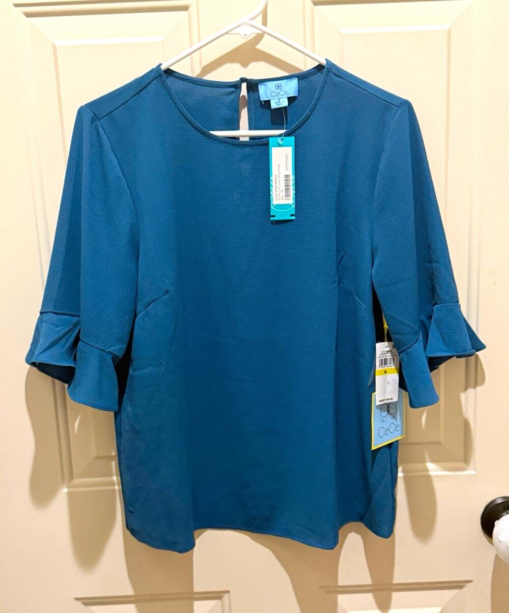 CeCe Women’s Size M Blue Solid Crew Neck 3/4 Sleeve Ruffle Blouse